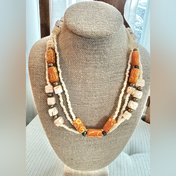 Millefiori Cube & barrel Cream Mustard Orange Art-glass & Seed Bead Necklace - Picture 13 of 14